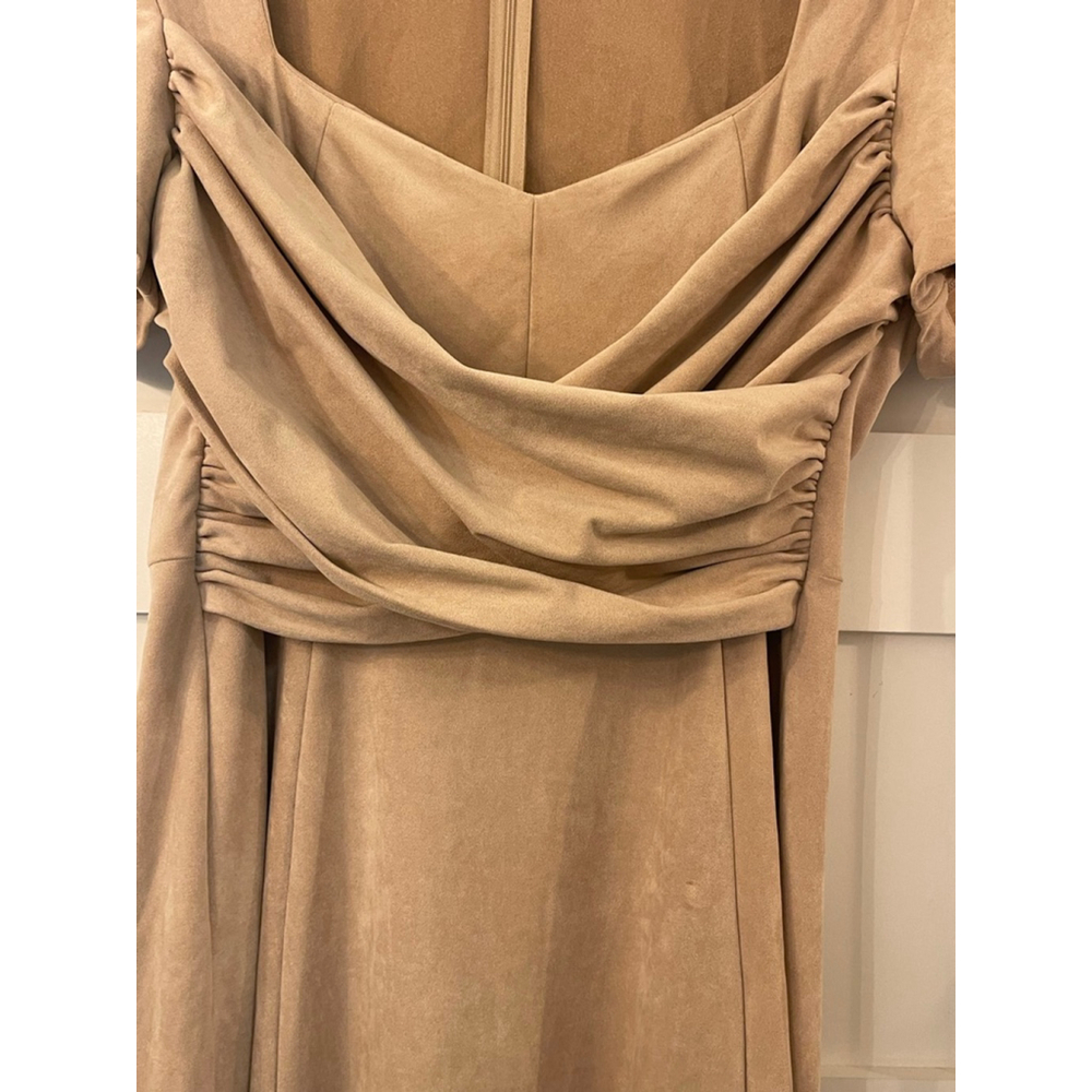 Boston Proper Draped Ruched Maxi Dress Tan Suede Look Size 12 Short Sleeve 54” L - Picture 4 of 11